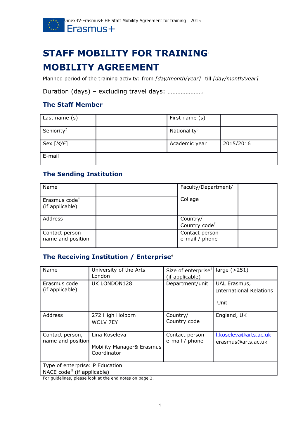 Gfna-II-C-Annex-IV-Erasmus+ HE Staff Mobility Agreement for Training 2015