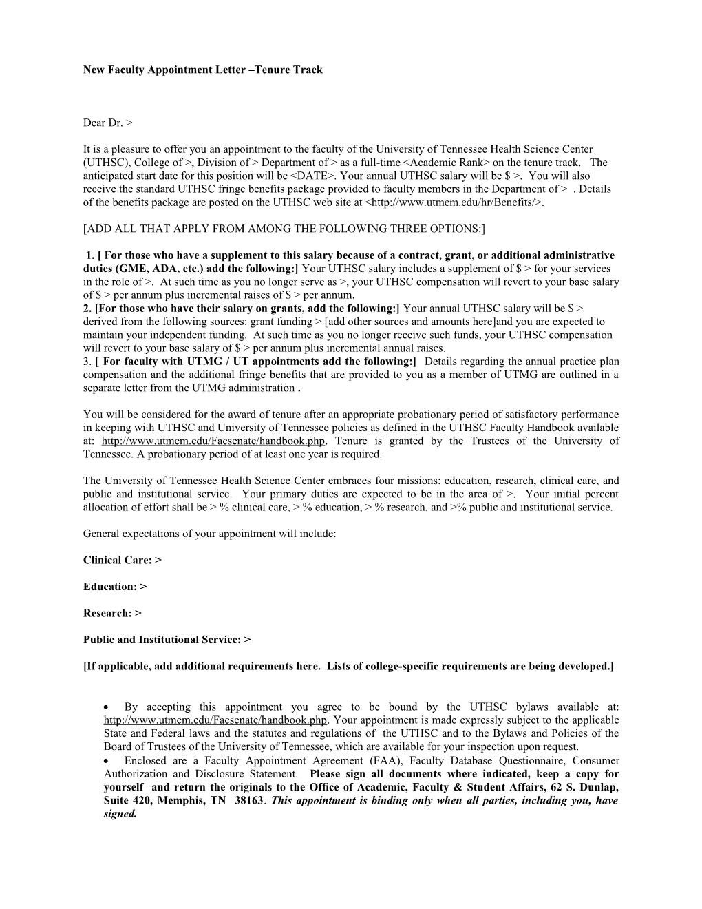 New Faculty Appointment Letter Tenure Track