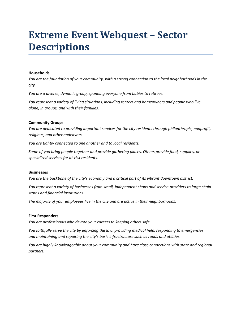 Extreme Event Webquest Sector Descriptions