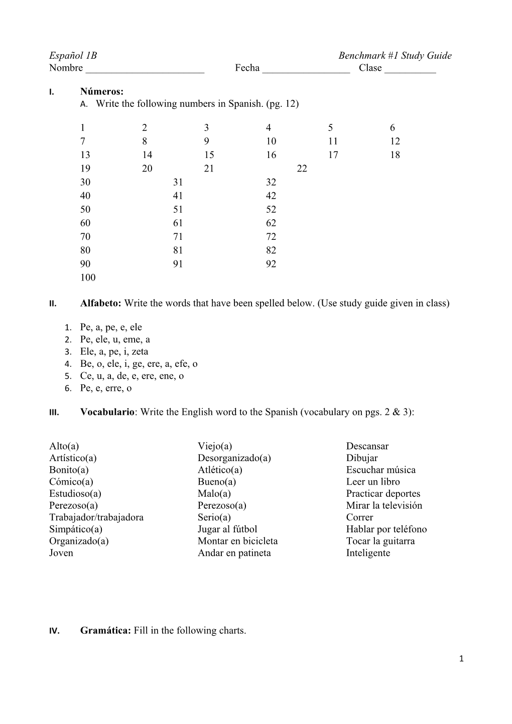 A. Write the Following Numbers in Spanish. (Pg. 12)