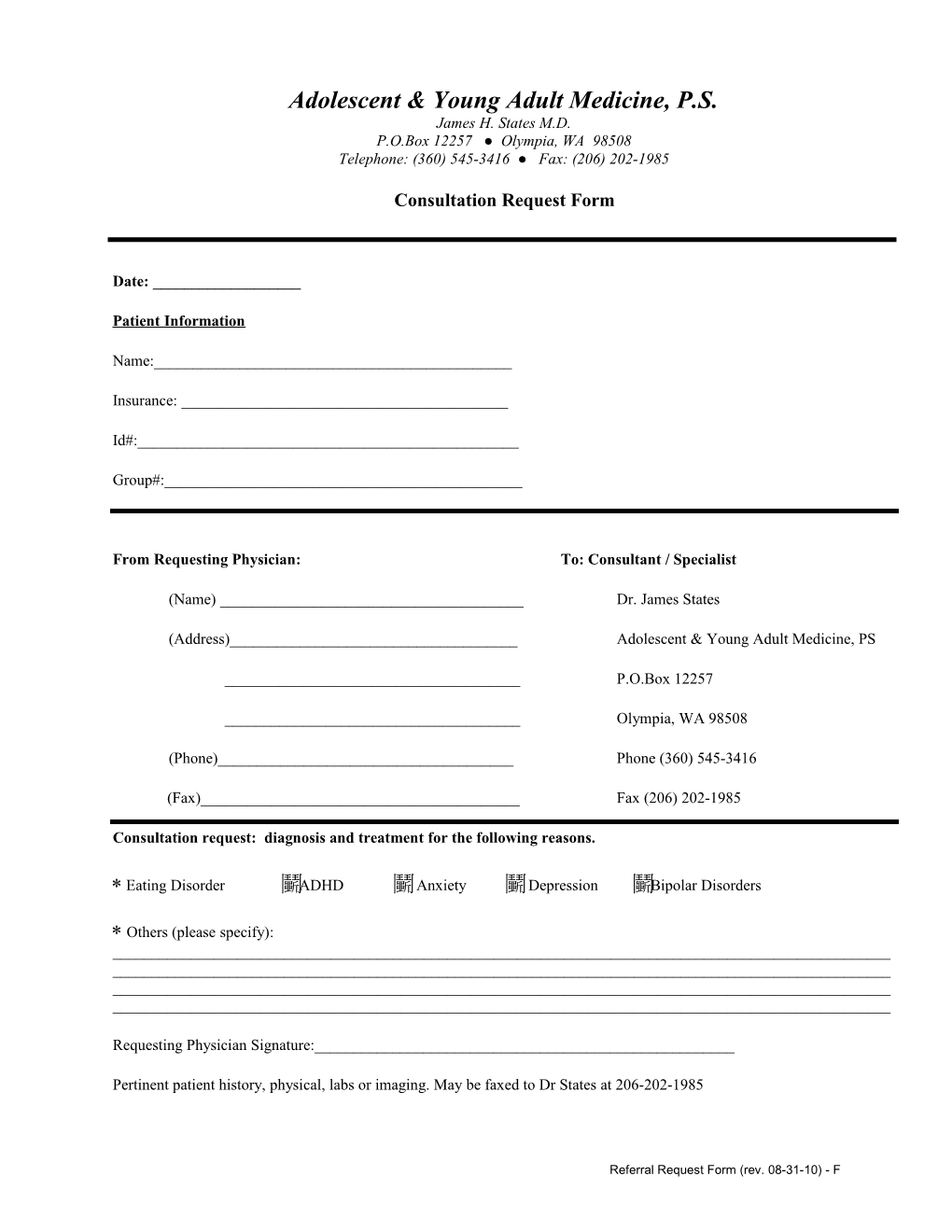 Patient Consent Form for Adolescent & Young Adult Medicine