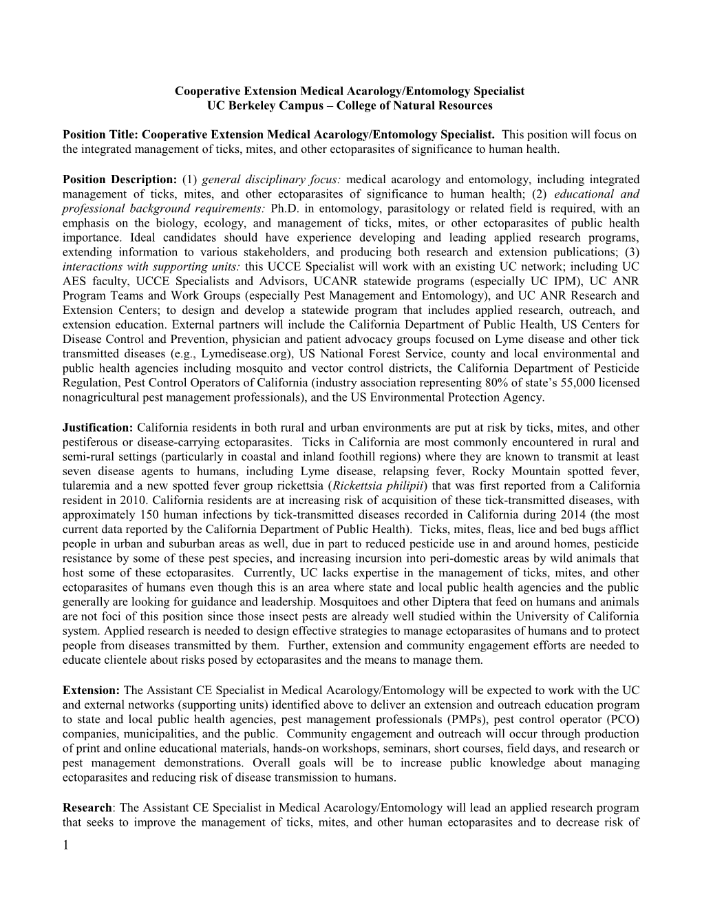 Cooperative Extension Medical Acarology/Entomology Specialist