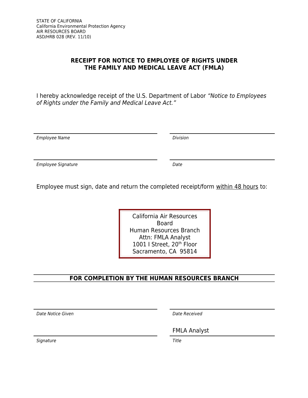 Forms: Receipt For Ntoice To Employee Of Rights Under The Family And Medical Leave Act (FMLA)