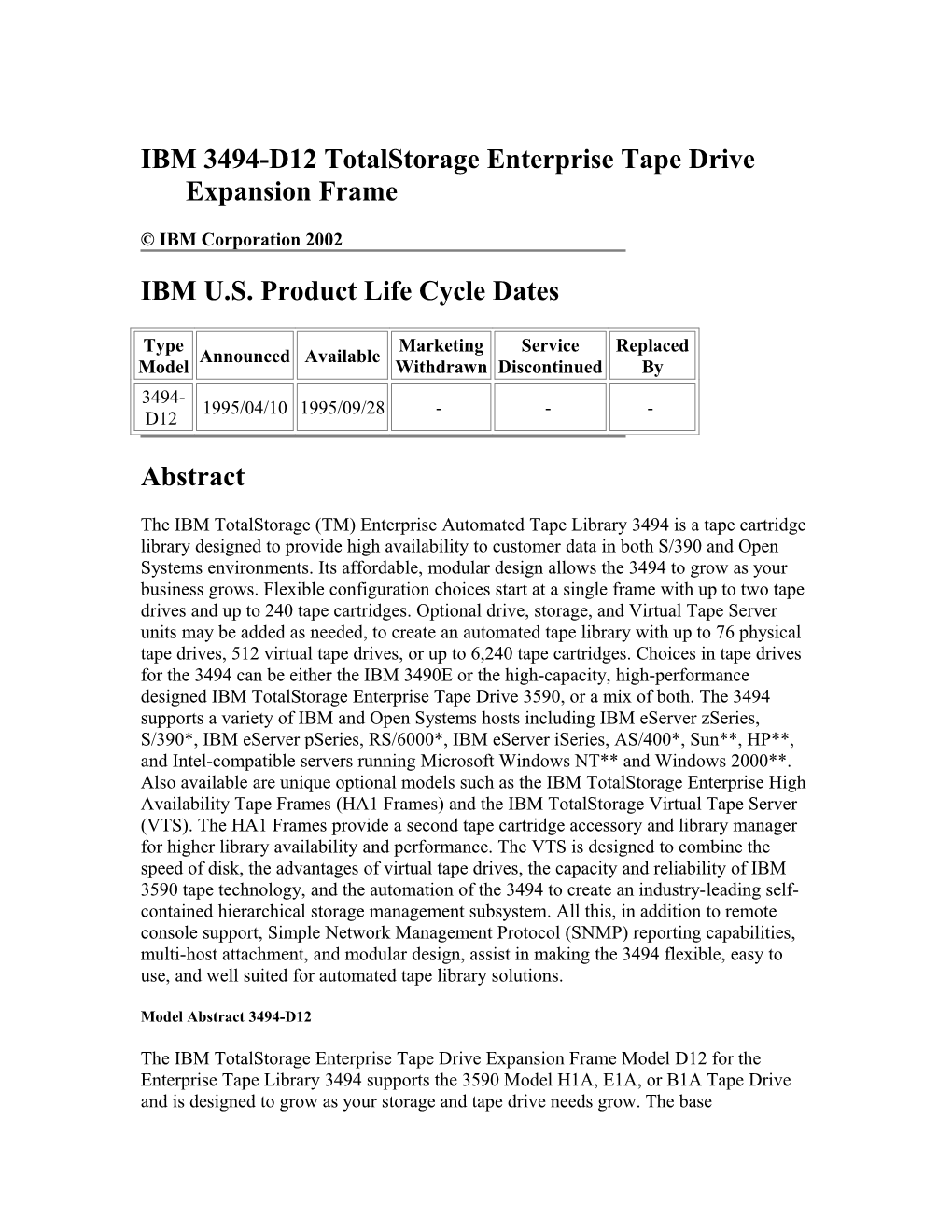 IBM 3494-D12 Totalstorage Enterprise Tape Drive Expansion Frame
