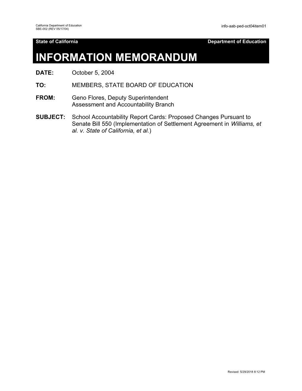 October 2004 PED Agenda Item 1 - Information Memorandum (CA State Board of Education)