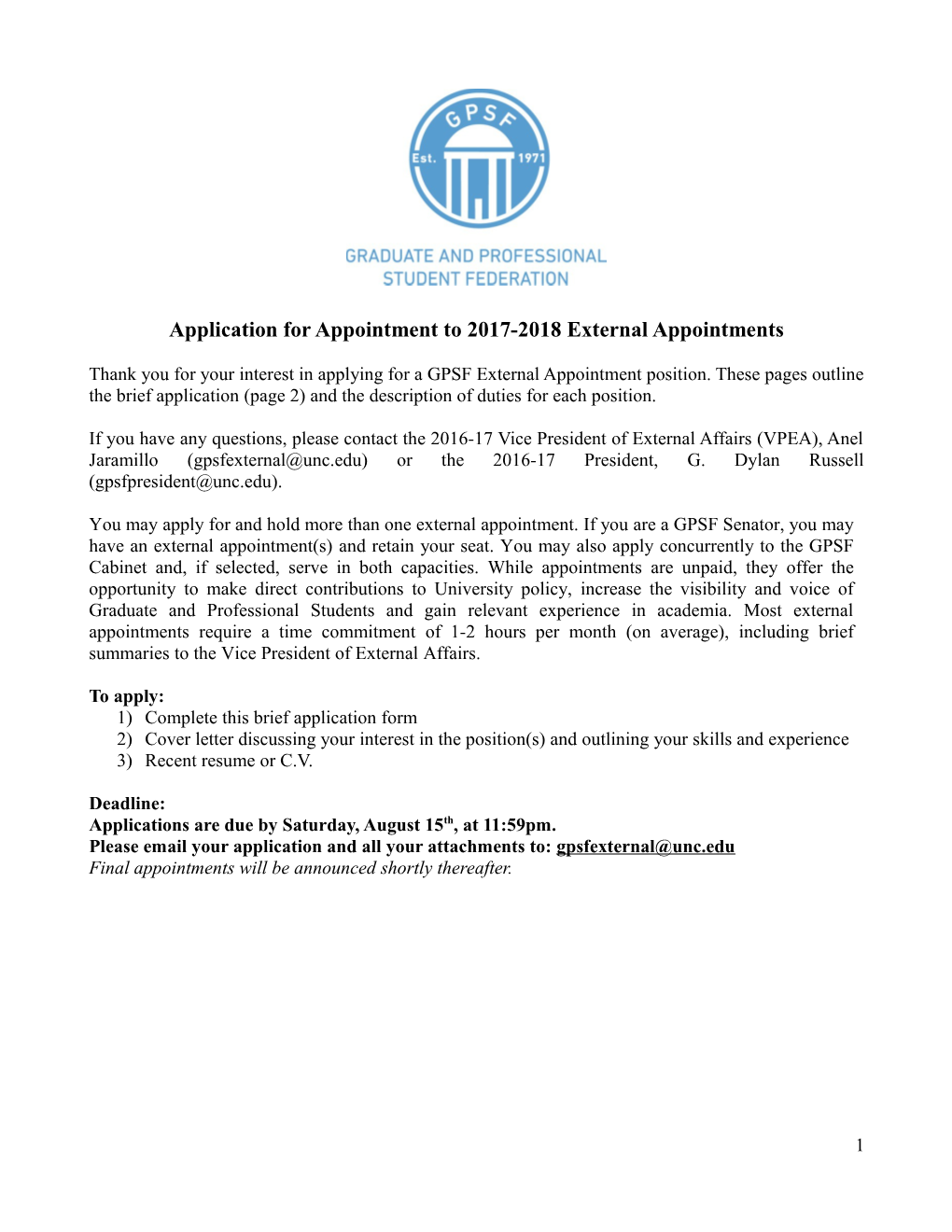 Application for Appointment to 2017-2018 External Appointments