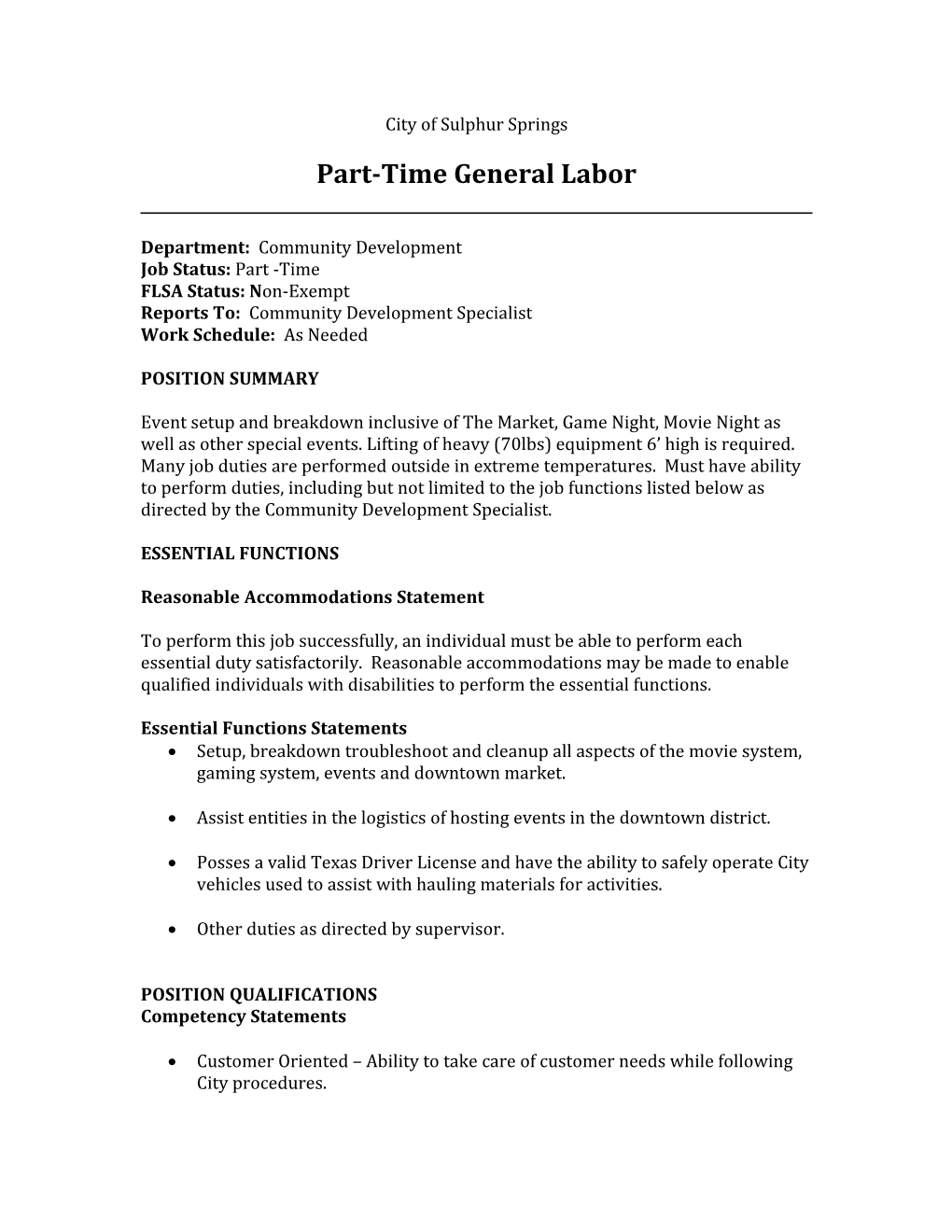 Part-Time General Labor