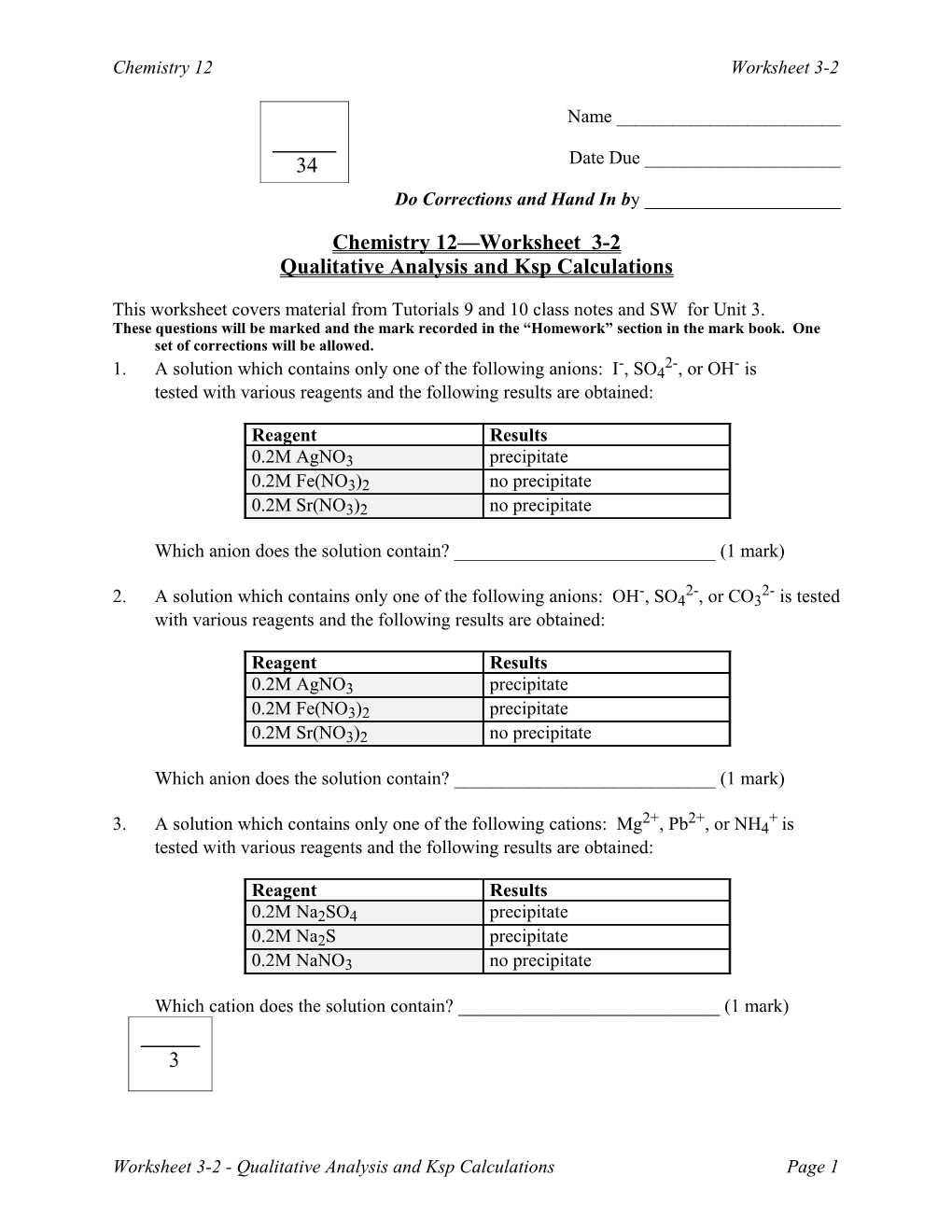 Chemistry 12 Worksheet 3-2