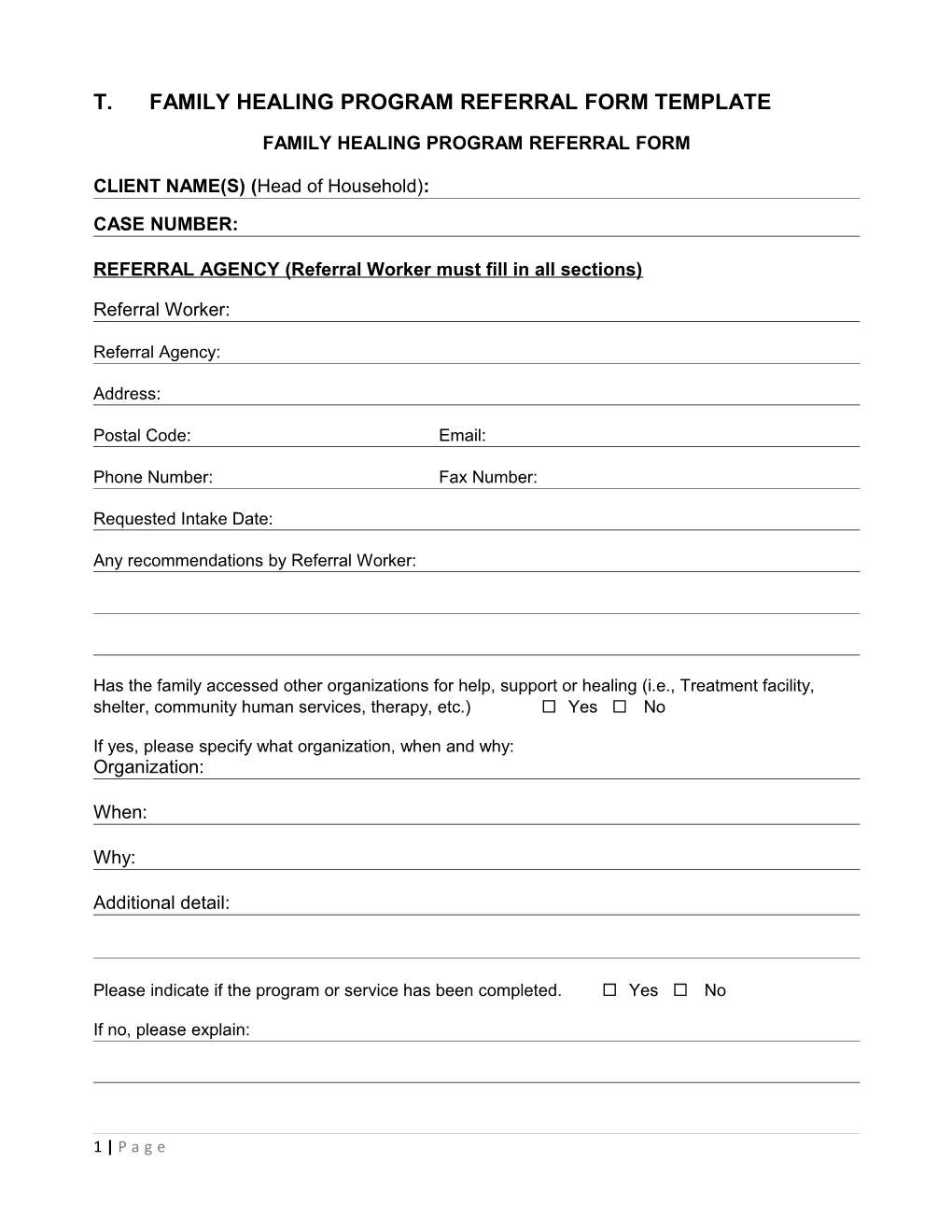 T. Family Healing Program Referral Form Template