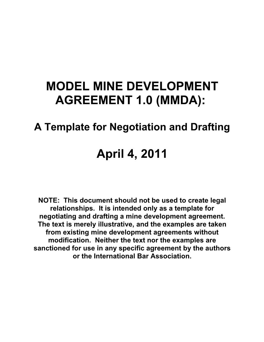 Model Mine Development Agreement 1.0 (Mmda)