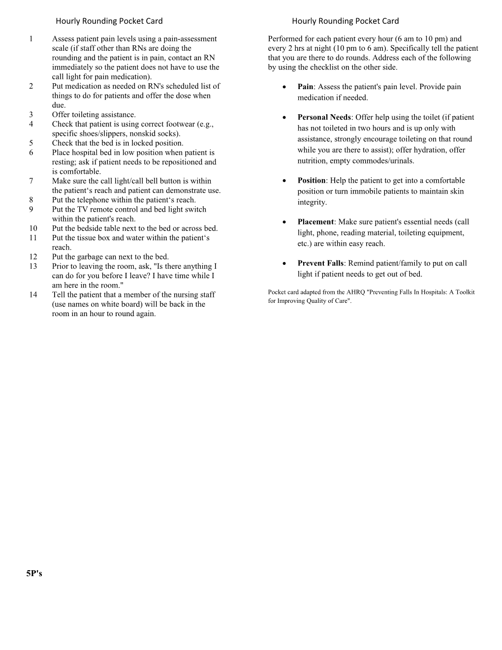 Hourly Rounding Pocket Card Hourly Rounding Pocket Card