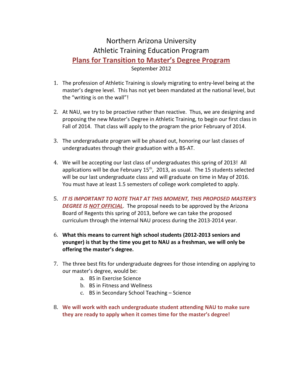 Plans for Transition to Master S Degree Program