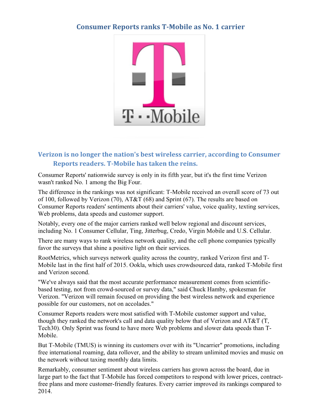 Consumer Reports Ranks T-Mobile As No. 1 Carrier