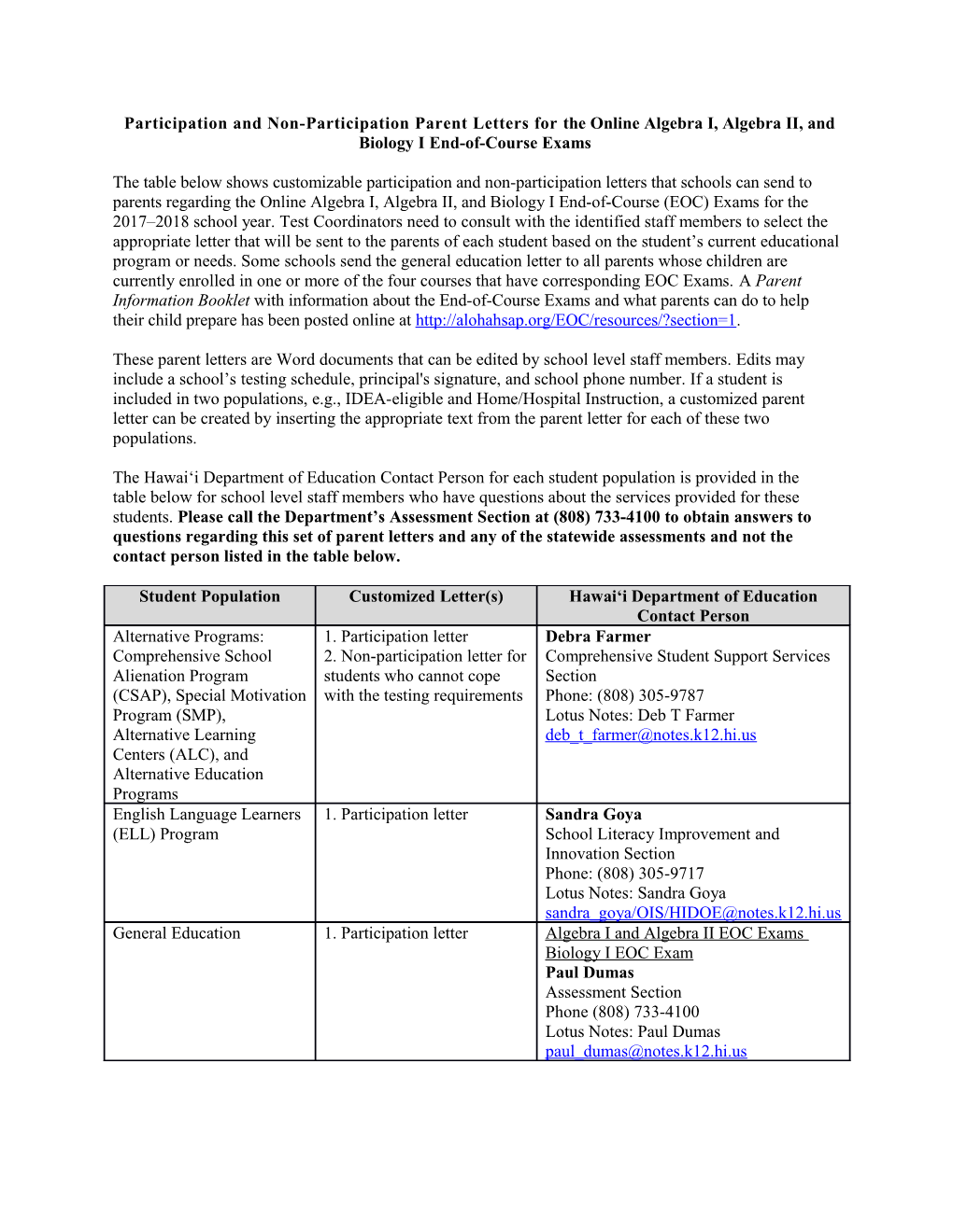 Participation and Non-Participation Parent Letters for the Online Algebra I, Algebra II