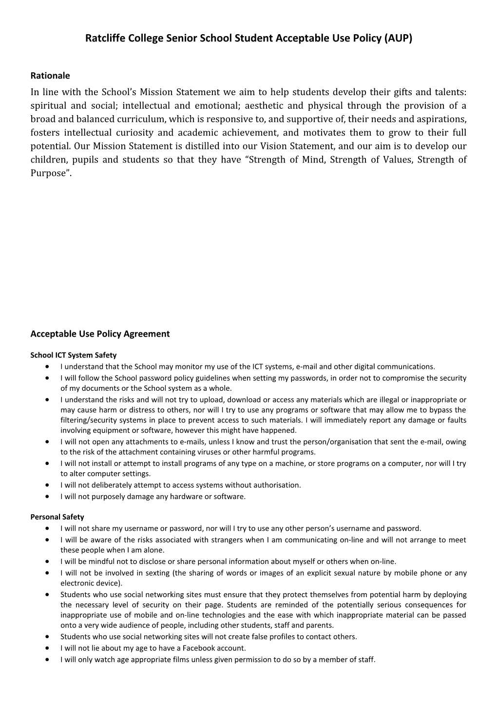 Ratcliffe College Senior School Student Acceptable Use Policy (AUP)