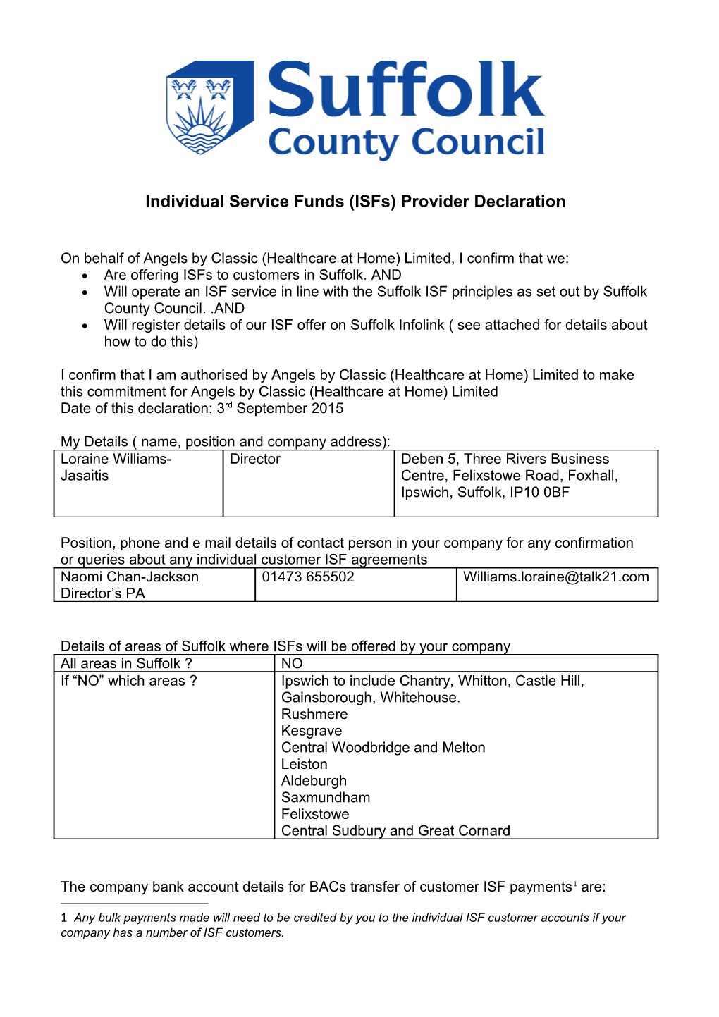 Individual Service Funds (Isfs) Provider Declaration