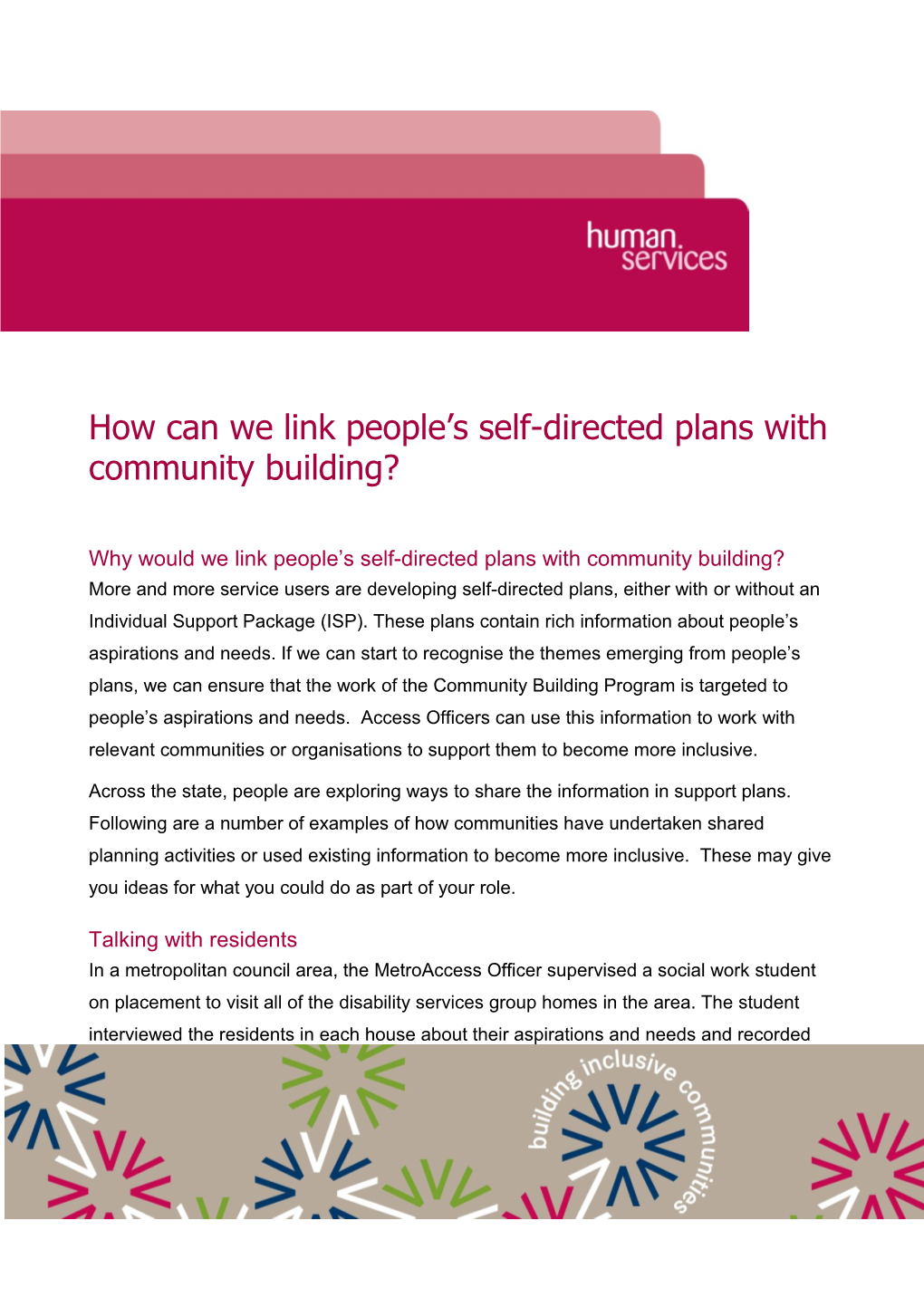 Community Development Tipsheet Link Self Directed Plans with Community Building