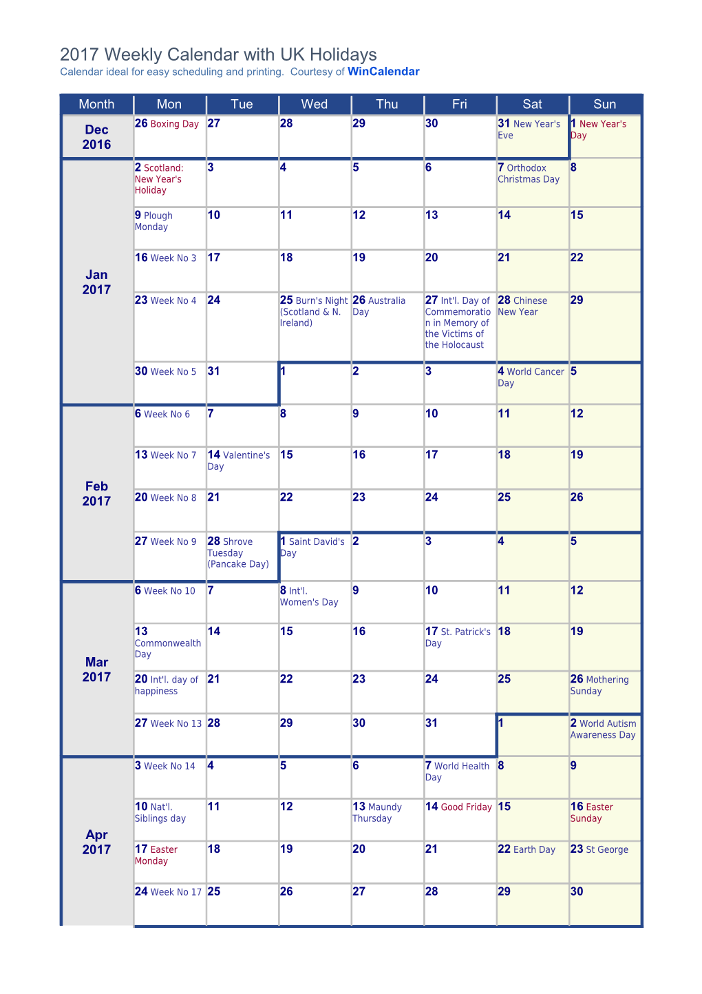 Weekly Calendar 2017 with Festive and National Holidays United Kingdom