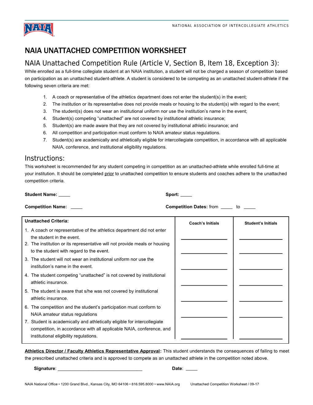 Naia Unattached Competition Worksheet
