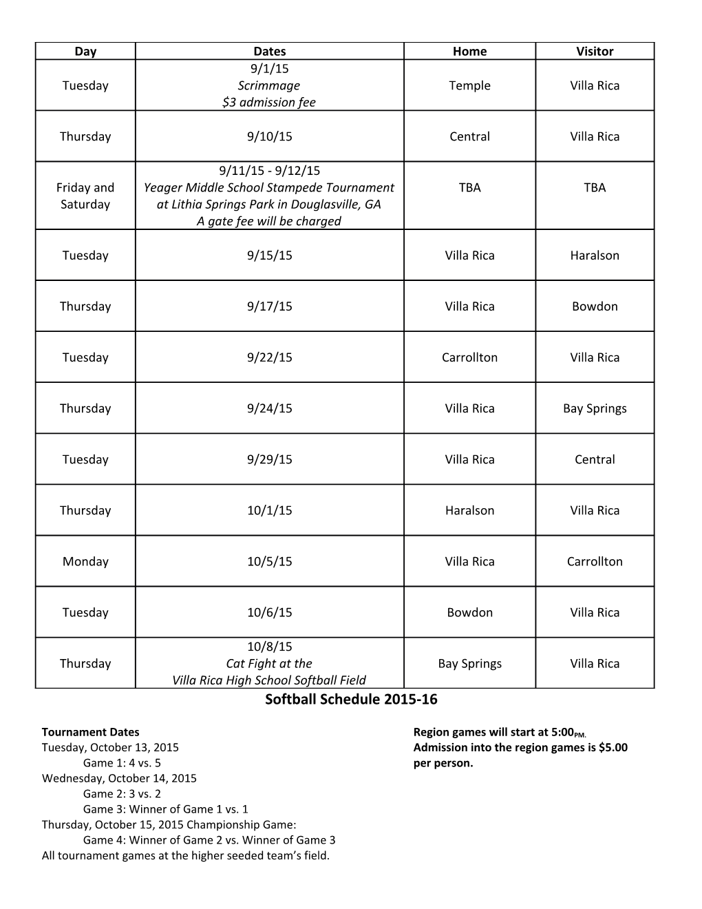 Tournament Dates Region Games Will Start at 5:00PM