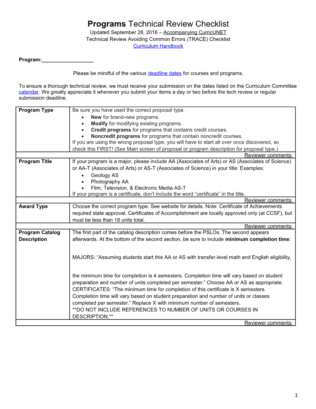 Guidelines for Preparing Program Actions for the Curriculum Committee