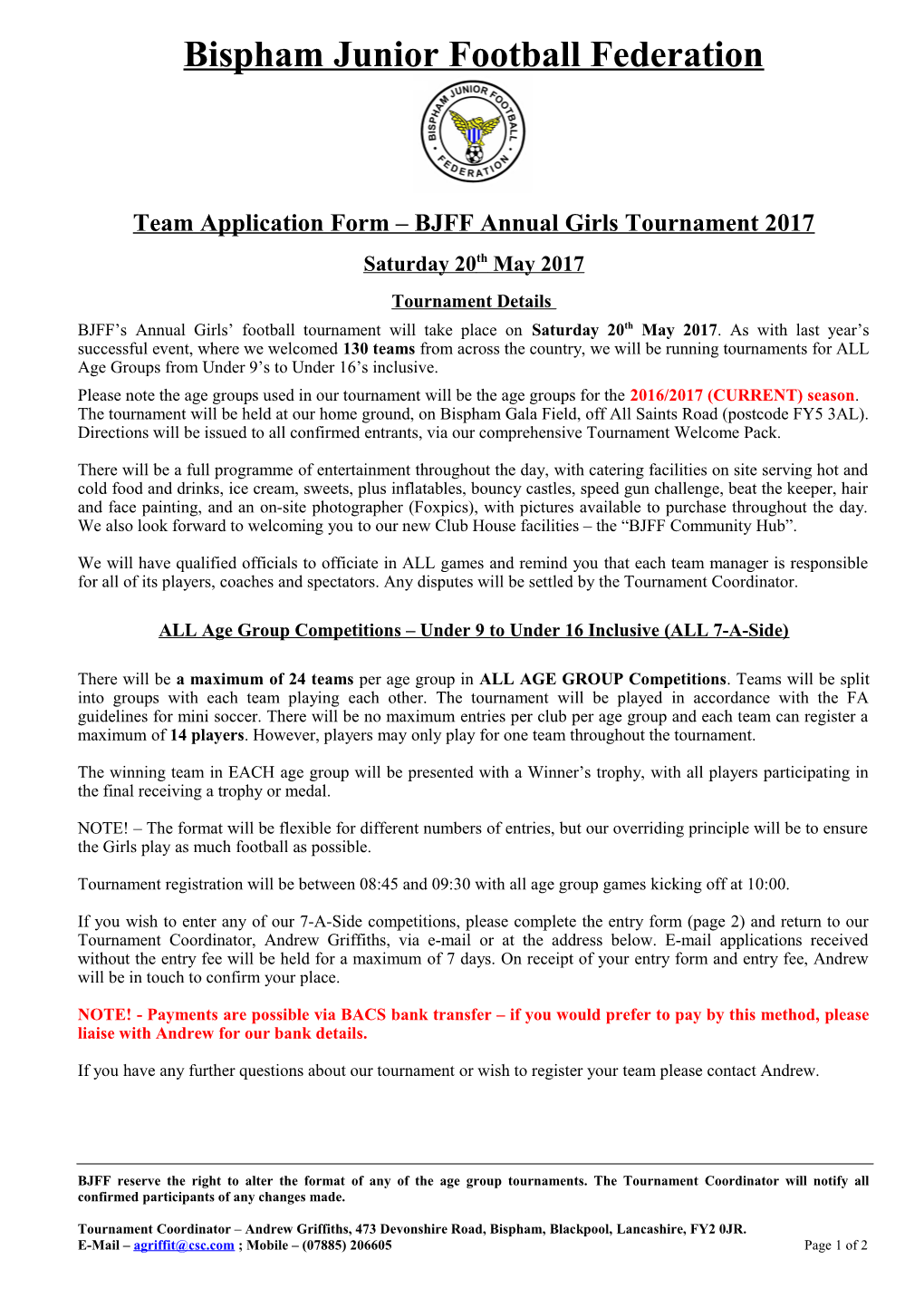 Team Application Form BJFF Annual Girls Tournament 2017