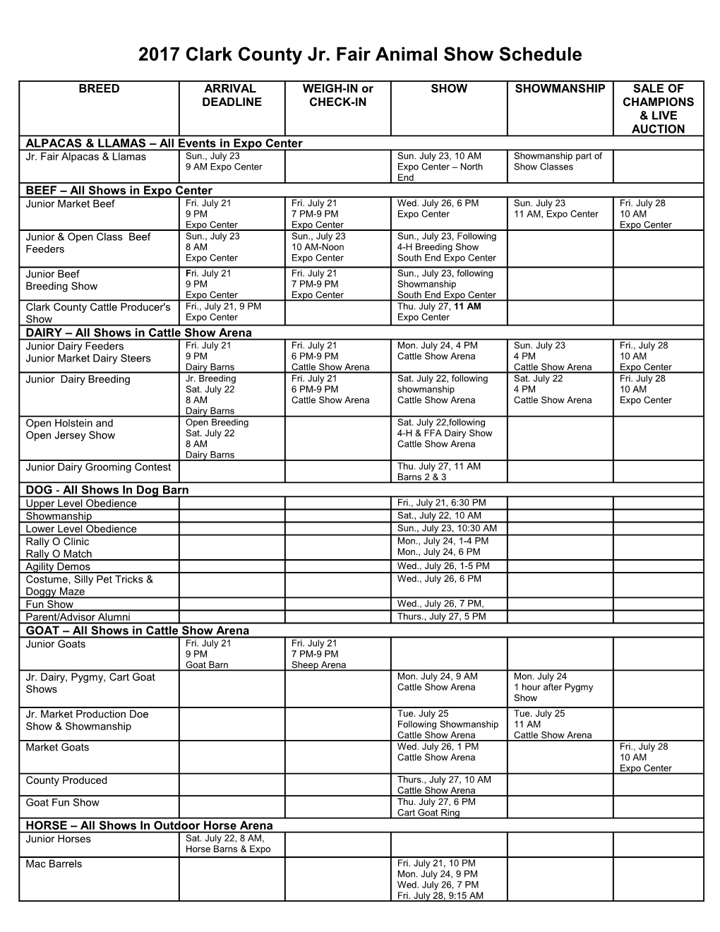 2017 Clark County Jr. Fair Animal Show Schedule