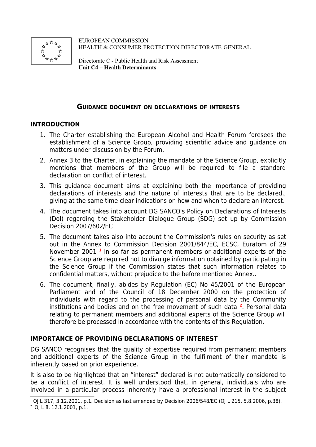 Guidance Document on Declarations of Interests
