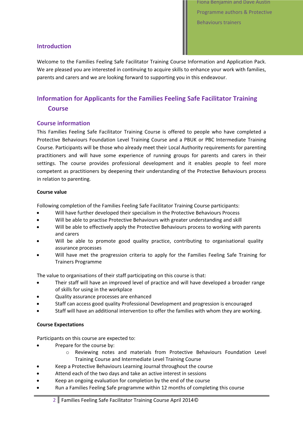 Information and Application Pack PBUK Training for Trainers