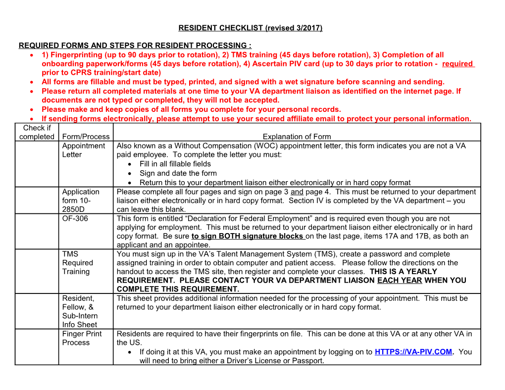 Required Forms and Steps for Resident Processing