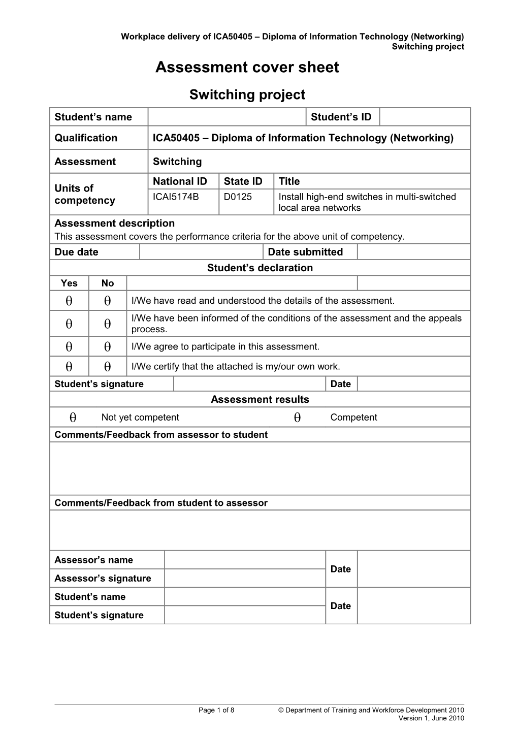 Assessment Cover Sheet