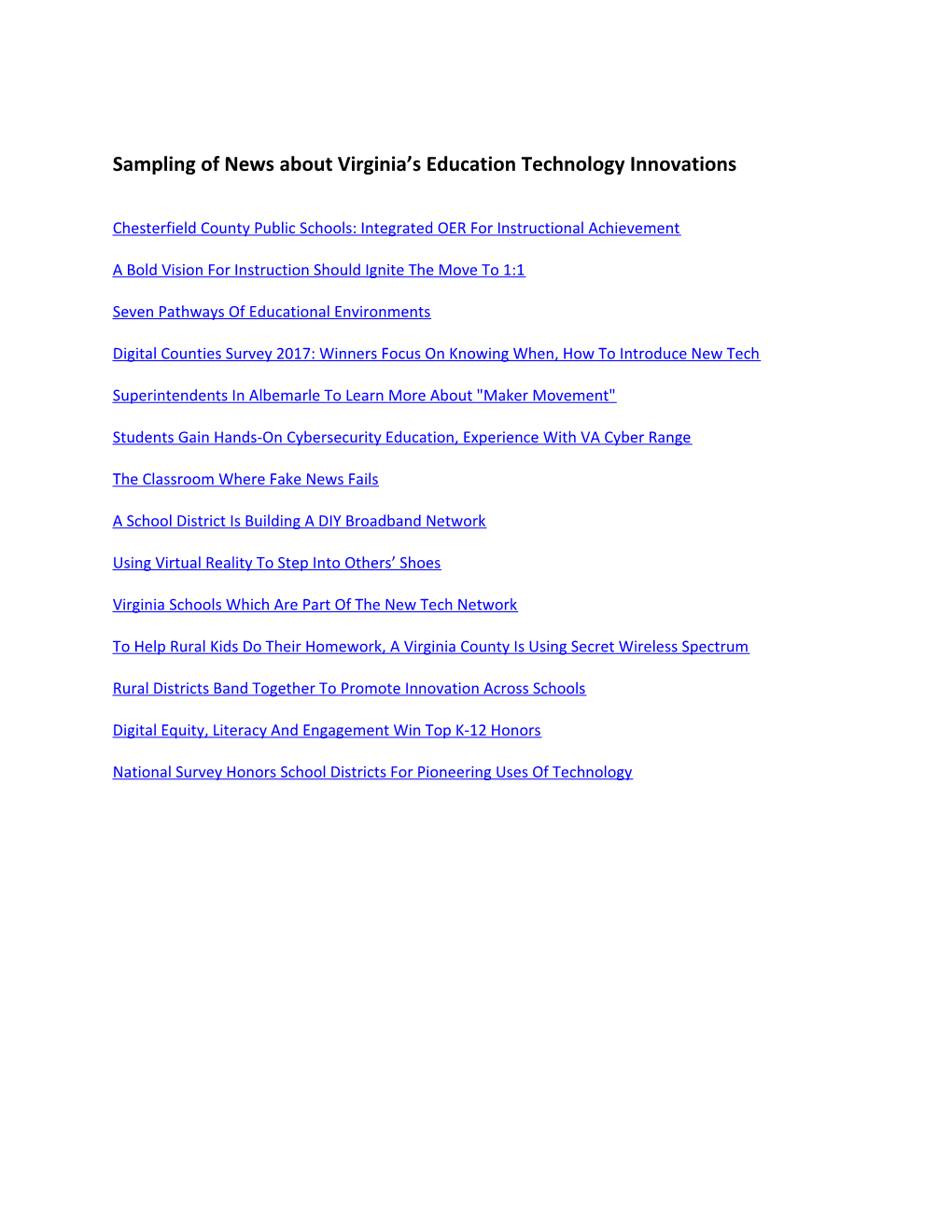 Sampling of News About Virginia S Education Technology Innovations