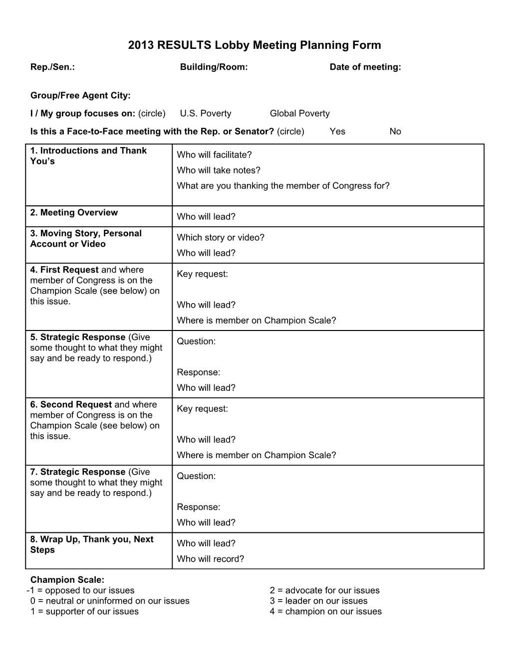 2013 RESULTS Lobby Meeting Planning Form