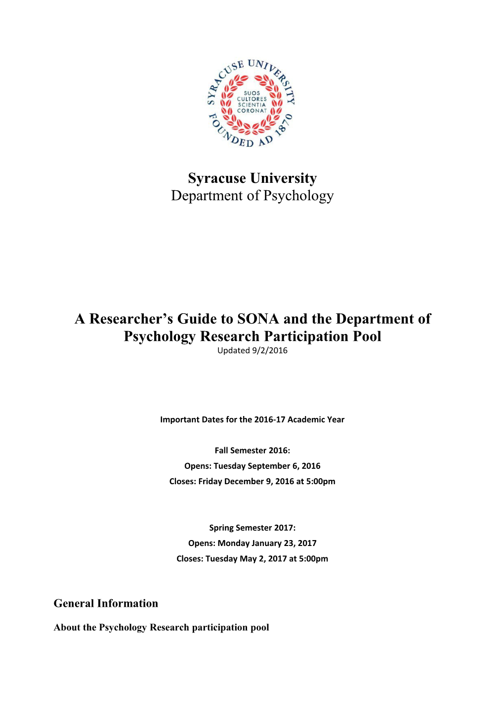 A Researcher S Guide to SONA and the Department of Psychology Research Participation Pool