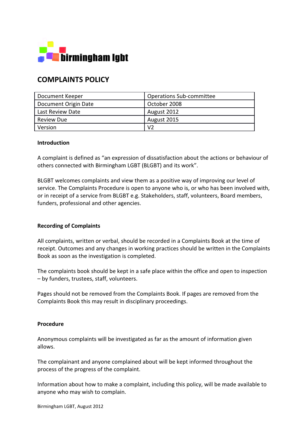 Blgbt Complaints Policy
