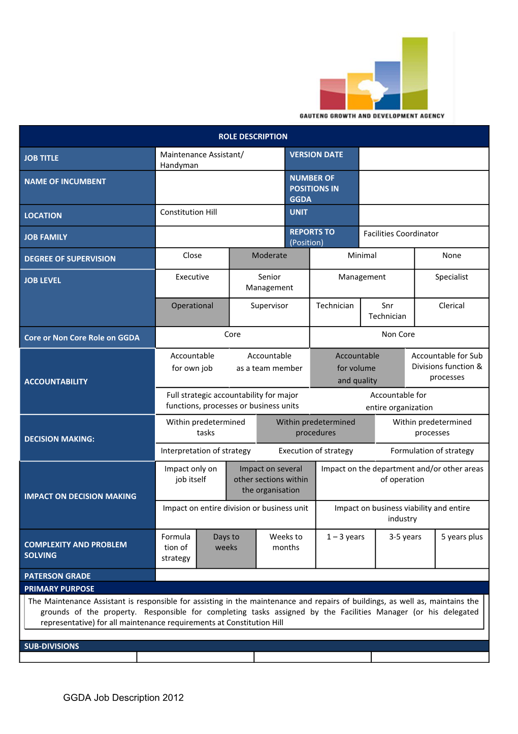 ROLE DESCRIPTION JOB TITLE / Maintenance Assistant/ Handyman / VERSION DATE NAME of INCUMBENT