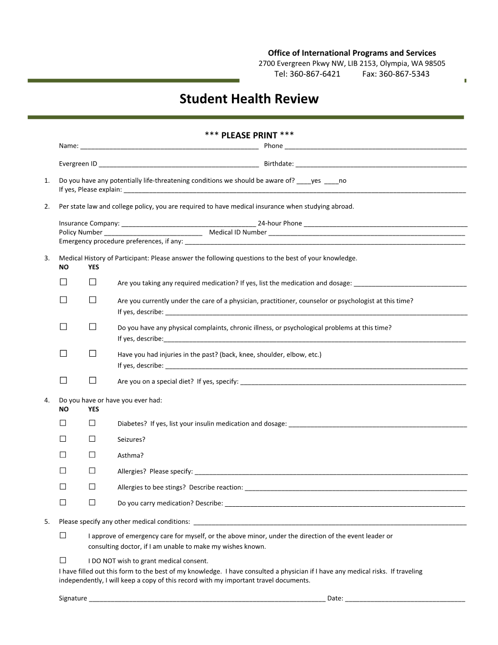 Evergreen Student Health Review Form