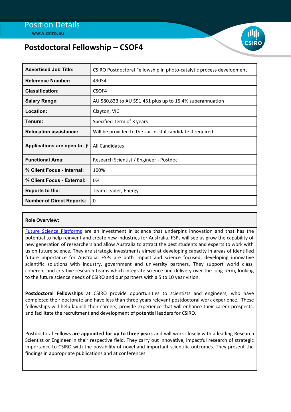 Position Details - Postdoctoral Fellowship - CSOF4 s7