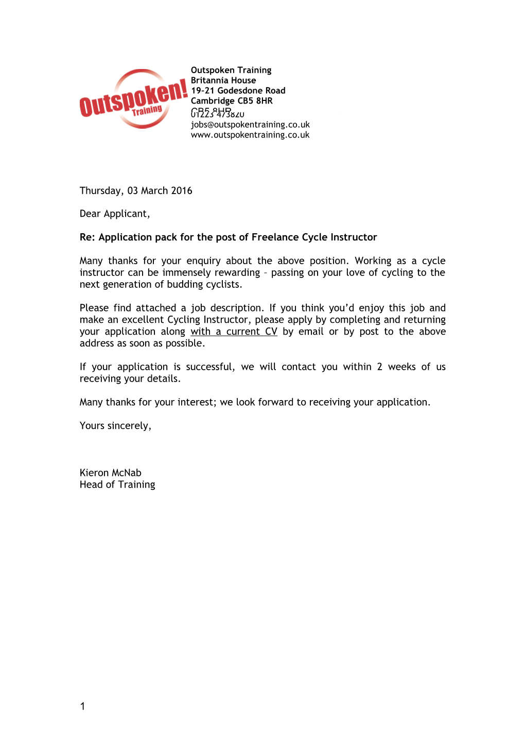 Re: Application Pack for the Post of Freelance Cycle Instructor