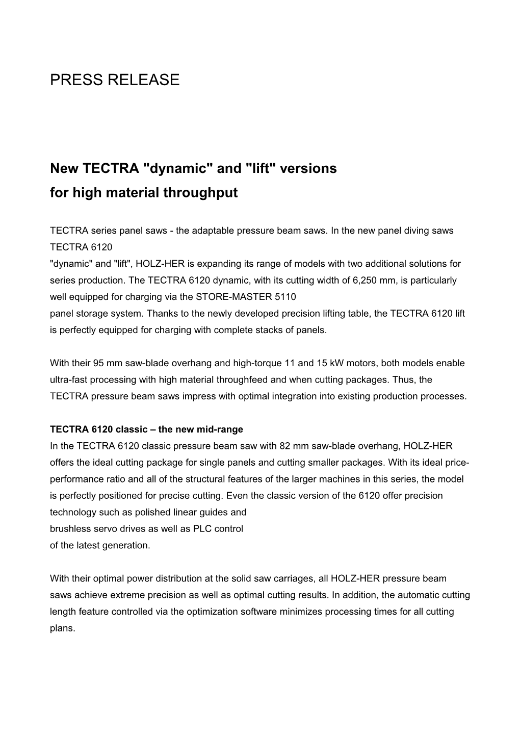 New TECTRA Dynamic and Lift Versions