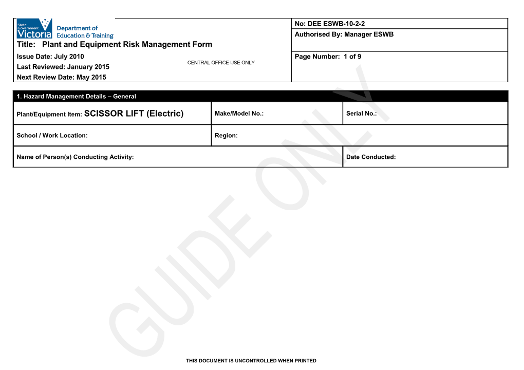 Plant and Equipment Risk Management Form - Scissor Lift (Electric)