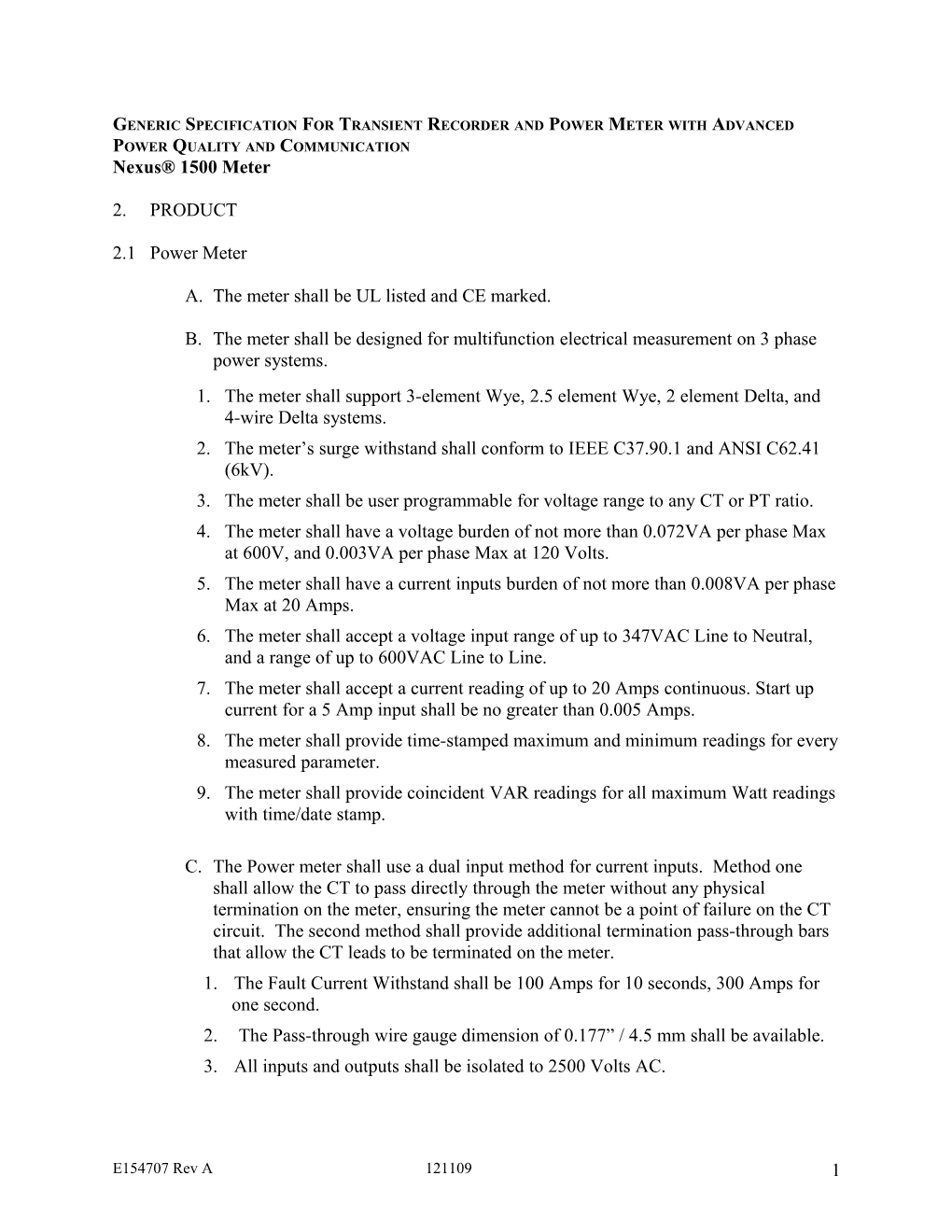 Generic Specification for High Performance Revenue Power Meter with Power Quality Recording