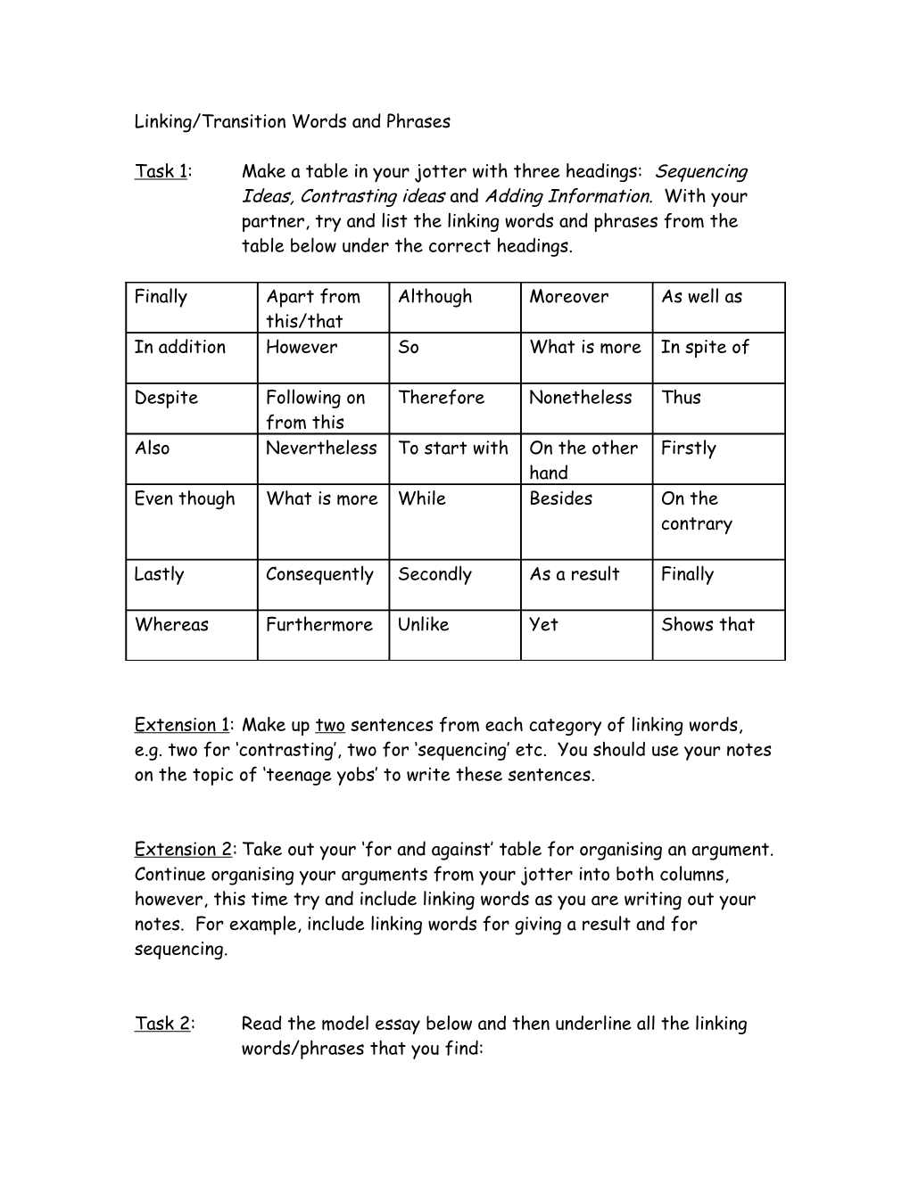 Linking/Transition Words And Phrases
