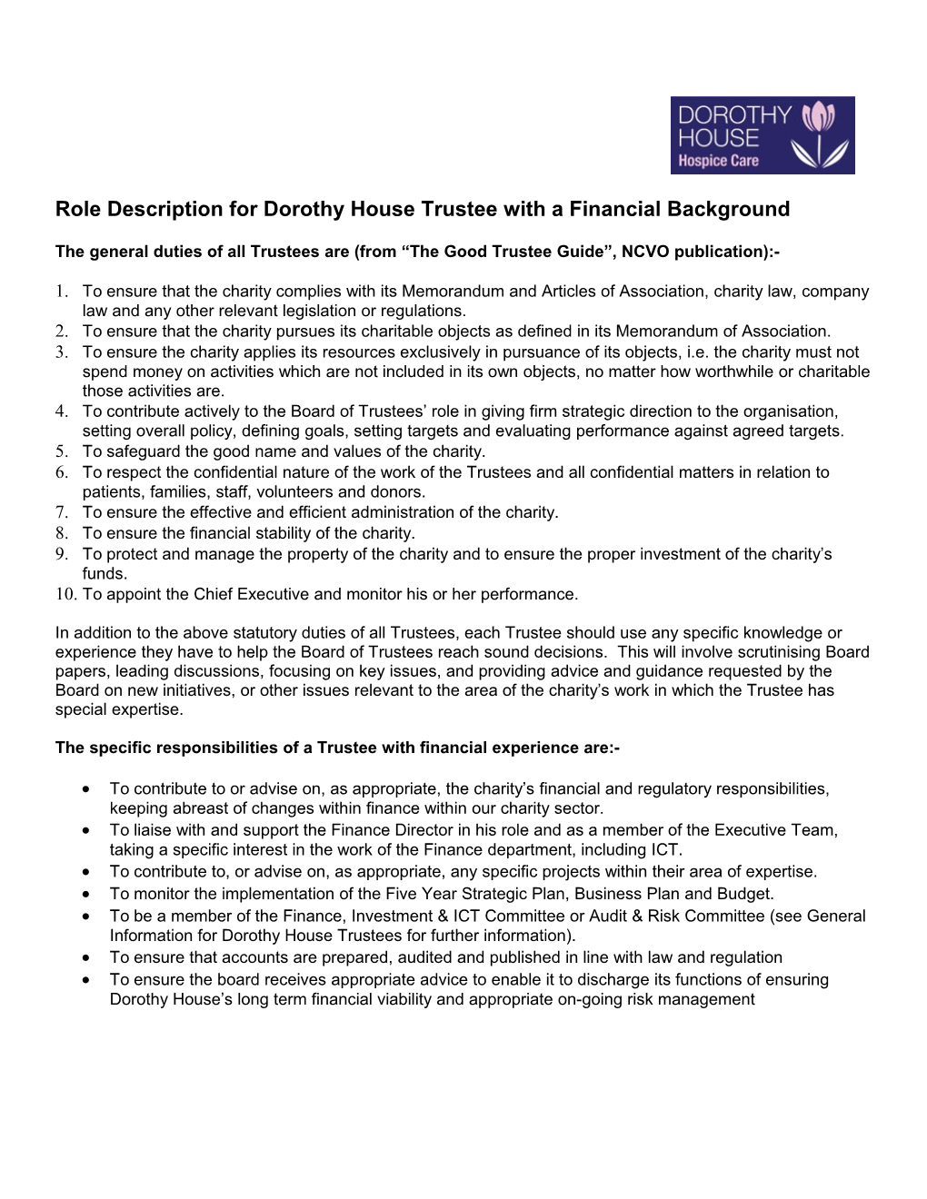 Role Description for Dorothy House Trustee with a Financial Background