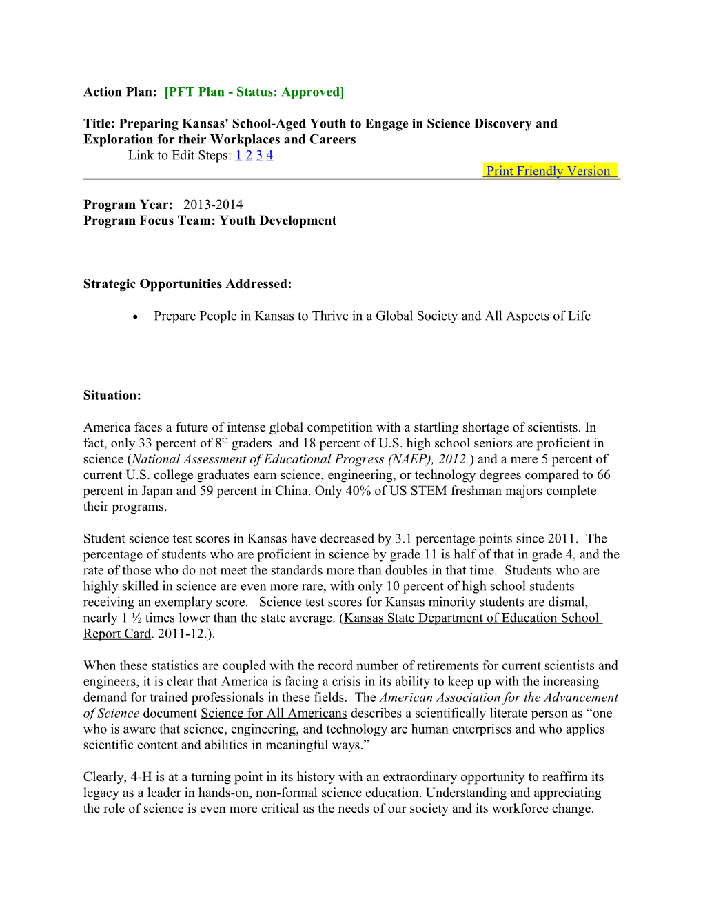 Action Plan: PFT Plan - Status: Approved Title: Preparing Kansas' School-Aged Youth To