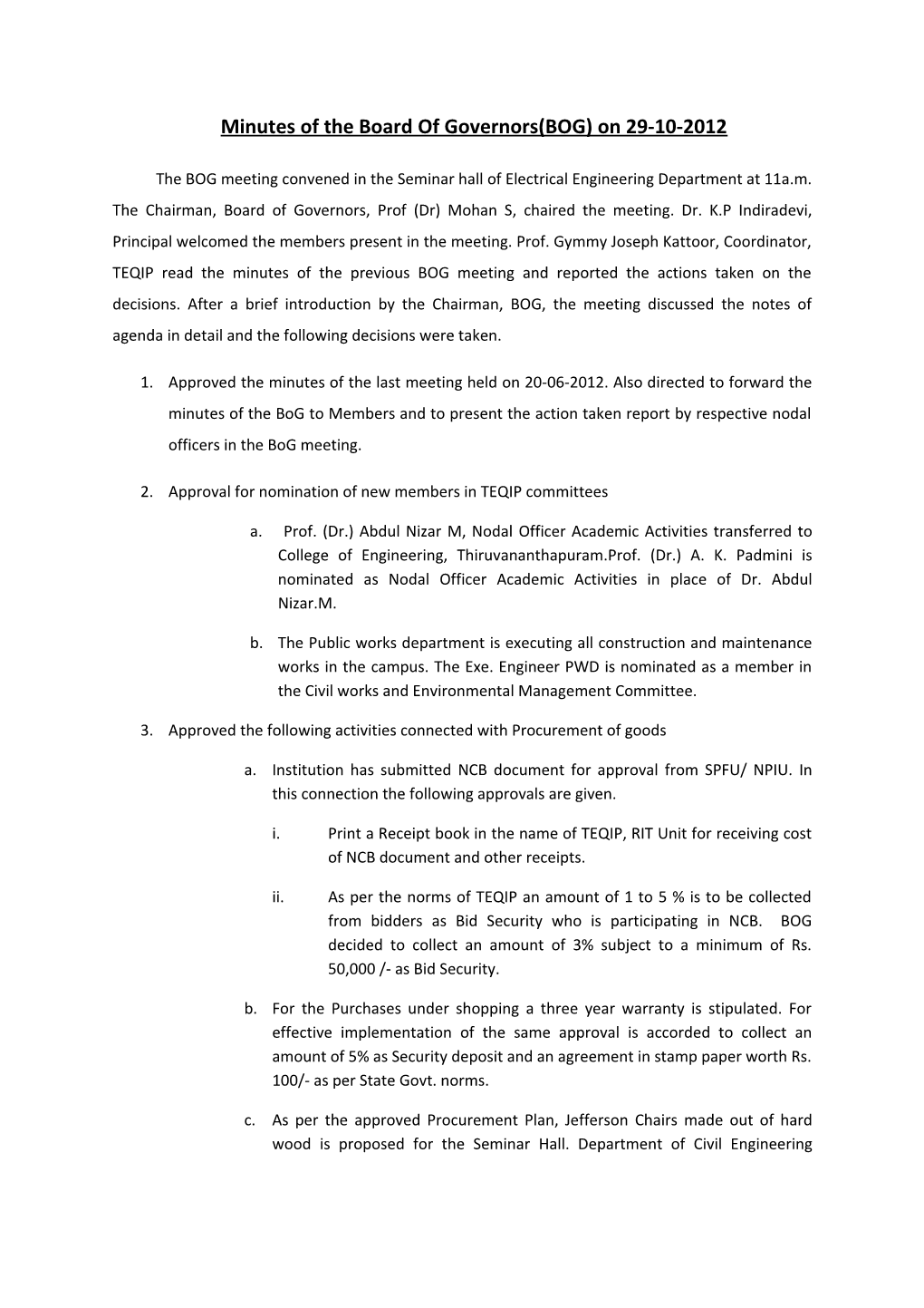 Minutes of the Board of Governors(BOG) on 29-10-2012