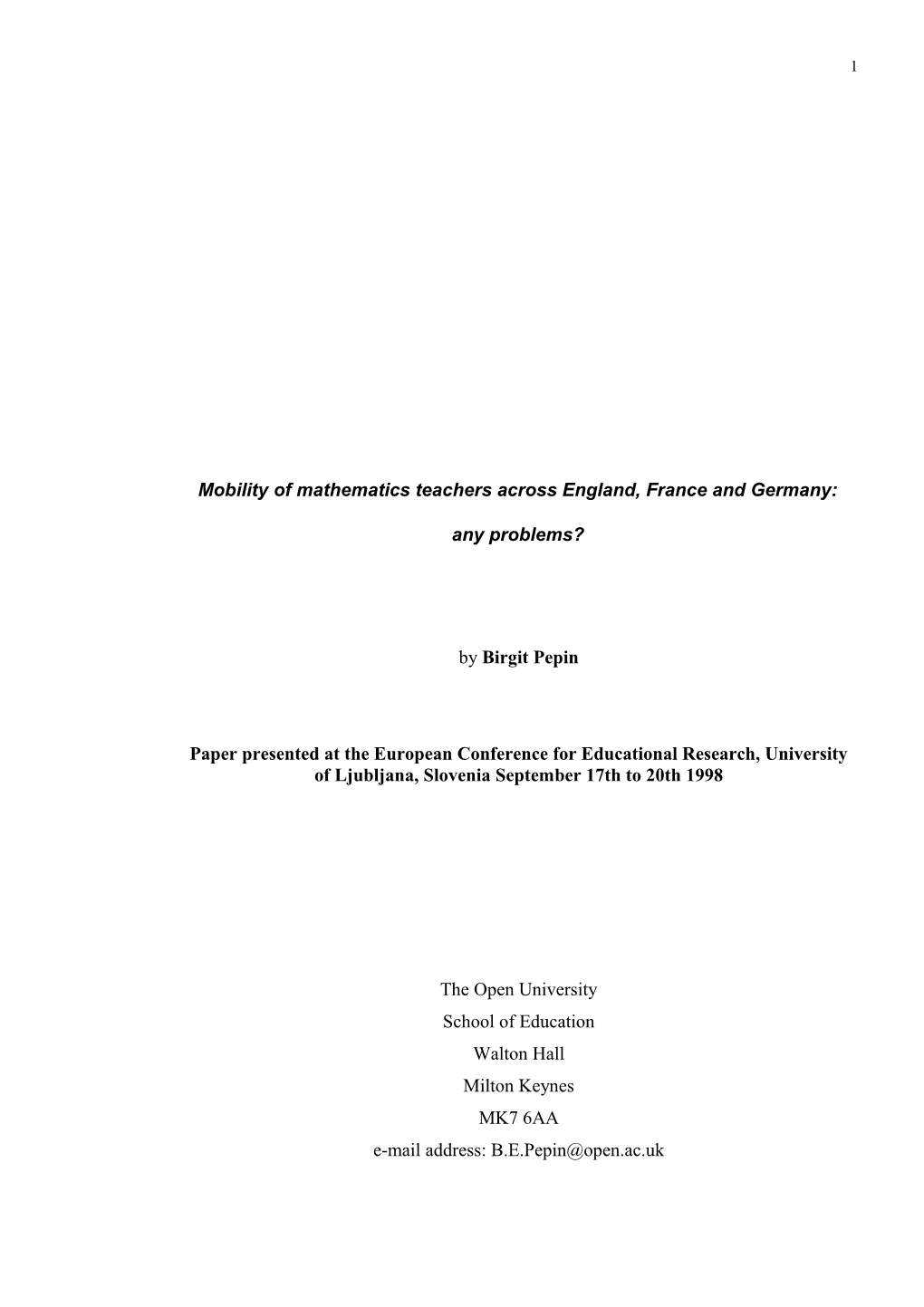 Mobility of Mathematics Teachers Across England, France and Germany