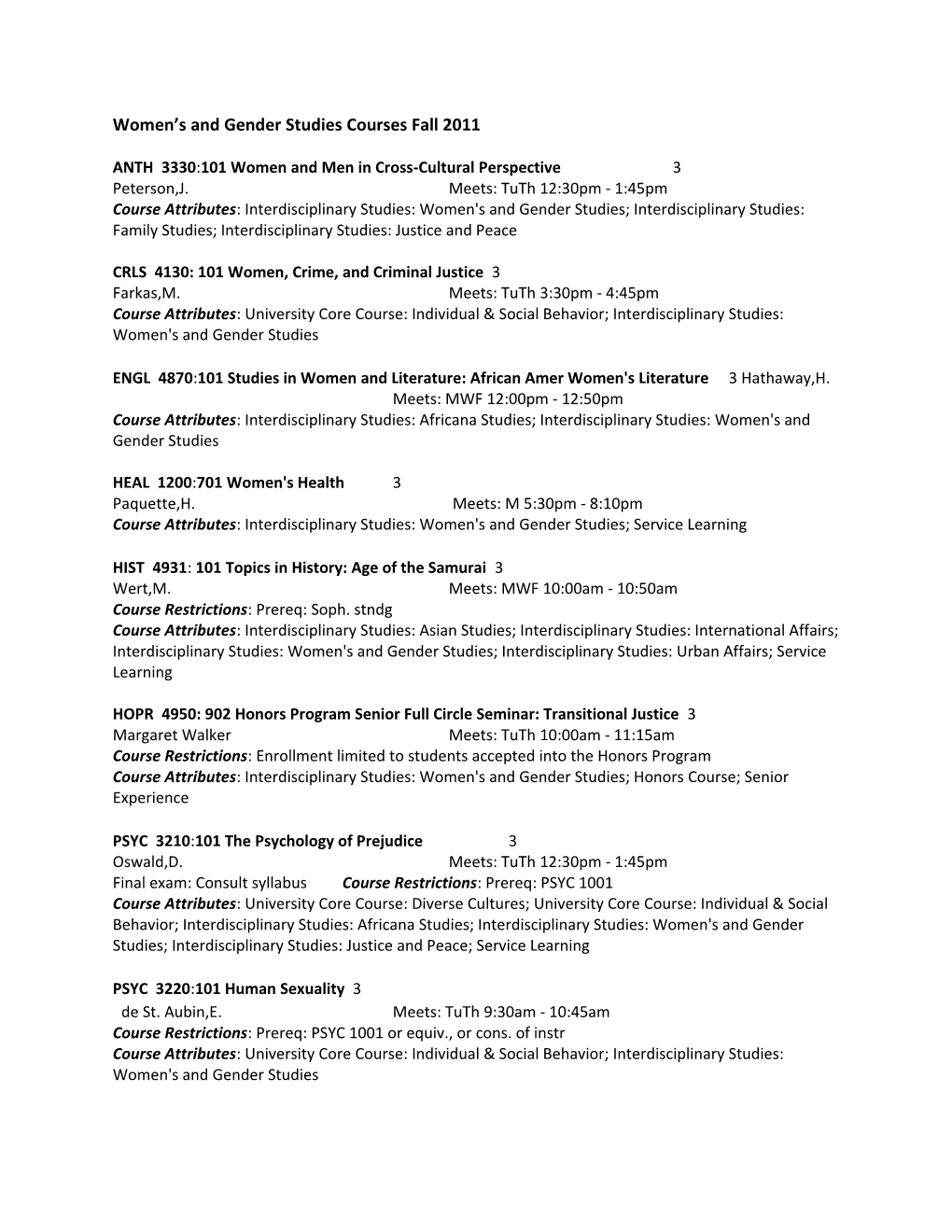 Women S and Gender Studies Courses Fall 2011