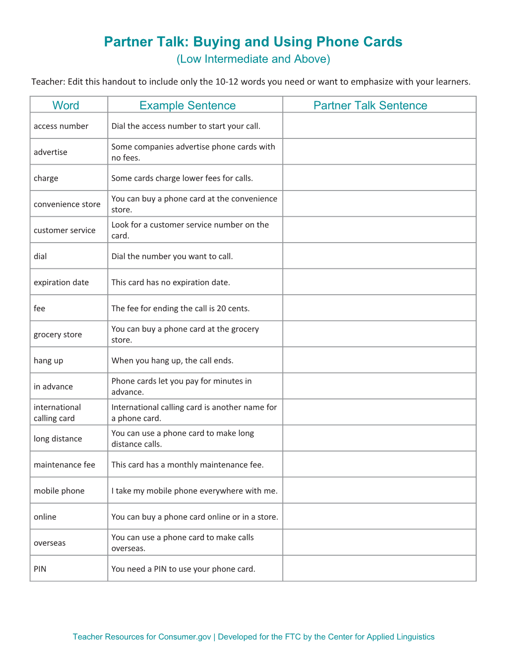 Consumer.Gov Lesson Materials: Buying and Using Phone Cards