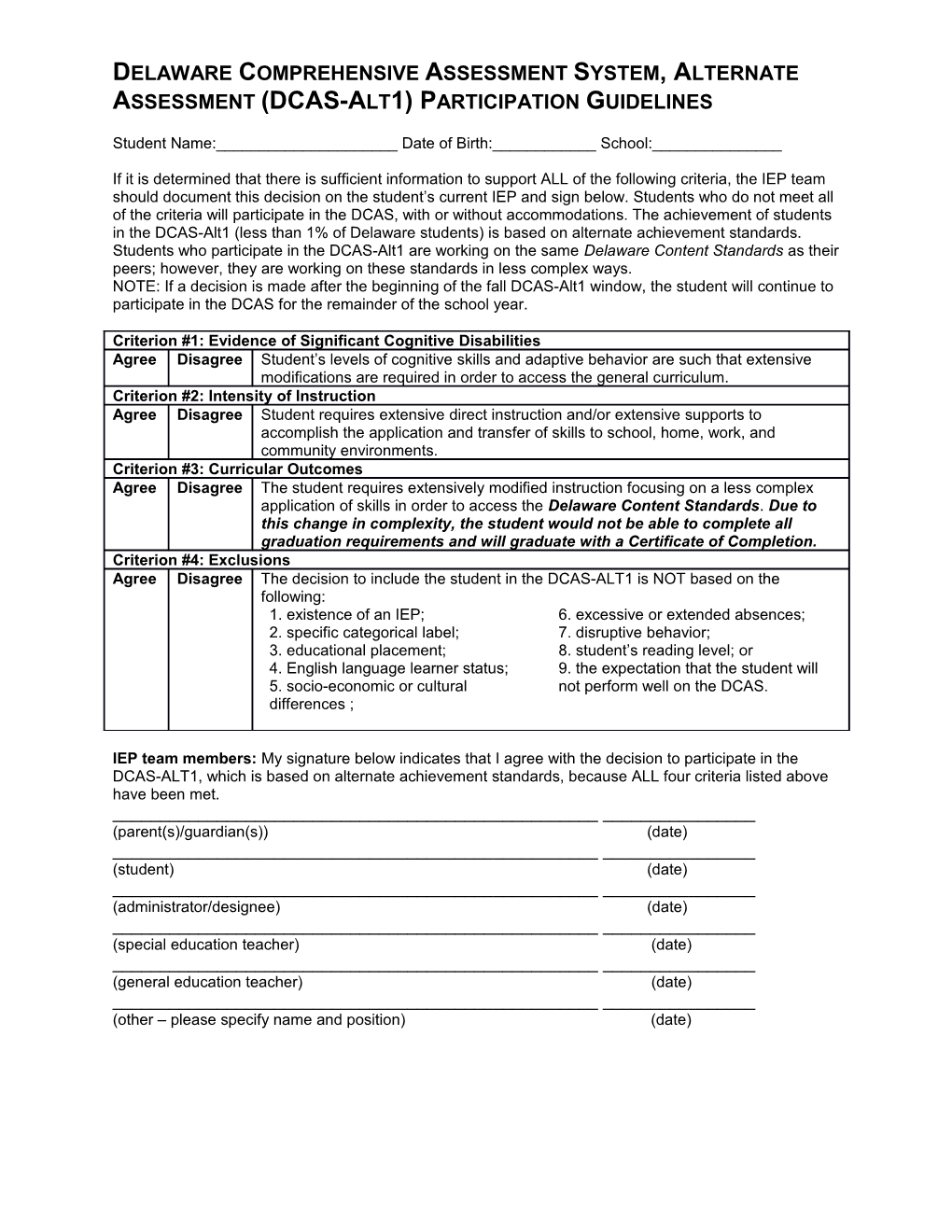 Delaware Comprehensive Assessment System, Alternate Assessment (Dcas-Alt1) Participation